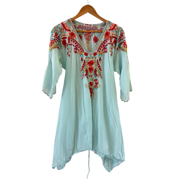 Johnny Was Tops - Johnny Was Embroidered Cleopatra Tunic Top Womens M Blue Asymmetric Boho Floral